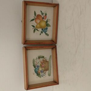 Pair Vintage Theorem Paintings on Velvet Traditional Fruit 1980s Miniature 6"x5"